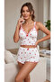 Women's White Pajama Set with Strawberry Patterned Ribbed Shorts
