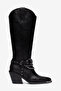 Black Matte Leather Chain Buckle Trok Detail Pointed Toe Western Cowboy Boots - 2