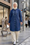 Women's Hooded Buttoned Denim Jacket in Navy Blue - 3