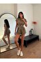 Women's Khaki Zippered Pocketed Belted Shorts Overalls