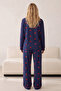 Navy Blue Red Heart Patterned Buttoned Ribbed Oversize Cotton Knitted Pajama Set 8071 - 3