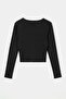 Siyah Düz Fitted Kaçık Yaka Crop/Kısa Pamuklu Kaşkorse Örme Bluz TWOAW27BZ00072 - 7