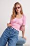 Açık Pembe Düz Fitted/Vücuda Oturan Kare Yaka Crop/Kısa Bağlama Detaylı Örme Bluz TWOAW27BZ00071 - 2