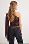 Dark Brown Single Sleeve Half Lined Party Tulle Blouse Tpraw27Bz00021 - 6