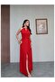 Red Waist Tie Slit Dress - 4