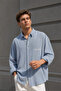 Men's Half Oversize Breathable Blue Muslin Fabric Long Sleeve Shirt with Embroidery Detail Ls-13048 - 3
