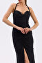 Black Halter Neck Lace Evening Dress - 2