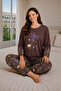 Plus Size Women's Pajama Set Coffee, Floral Pattern Comfortable Fit Soft Fabric Home Wear