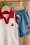 Baby Girl Cherry Embroidered Polo Collar Shorts Set of 2 – Summer Ribbed Blouse with Denim Look Ruffles - 4