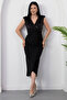 Double Breasted Collar Pulpayet Detail Sleeveless Crepe Dress Grs3820 - 3