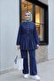 Half-Buttoned, Pleated Front, Tie-Waist Denim Suit with Trousers - Navy - 3
