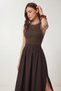 Flexible Knitted Top and Poplin Skirt Dress Lub0370 Brown - 3