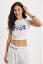 Women's Slim Fit 100% Cotton Crew Neck Short Sleeve Printed Ecru Crop T-Shirt Blouse - 7