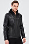 Sergio Men's Black Hooded Sports Leather Coat 24Sge65191M - 3