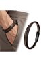 Brown Leather and Hair Braid Double Multi Steel Bracelet - 20 cm