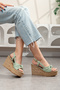 Premium Mint Green Straw Wedge Heeled Sandals 9 cm Knotted Strap Evening Dress Casual Shoes - 3