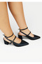 Women's Genuine Leather Ankle Strap Open Back Pointed Toe Thick Heeled Shoes Black