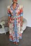 Blue Patterned Button Detailed Belted Midi Length Premium Linen Dress - 4