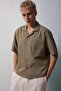 100% Cotton Boxy Fit Apaş Collar Short Sleeve Khaki Shirt H6319Ax26Sm