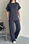 Women's Cupra Pike Fabric Double Sleeve Cuffs Wide Leg Relaxed Fit Two-Piece Suit Navy Blue 1218