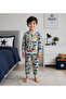Boy's Cotton Gray Dinosaur Patterned Long Sleeve Seasonal Pajamas Set