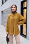 Oversized Tulle Voile Blouse with Tie Collar and Half Buttons - Tan