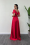 Satin Fabric Boat Neck Evening Dress - Red - 5