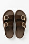 Elyra Women's Gold Buckle Suede Double Belt Strap Straw Weave Heel Detailed Summer Casual Comfortable Slippers 2 cm - 4