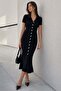 Black Button V-Neck Long Knitwear Dress Mg2078