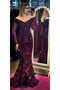 Cherry Color Long Sleeves Lace Detailed Mermaid Skirt Velvet Sequin Long Evening Dress 6840
