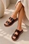 Stone-Detail Suede Brown Slippers - 3