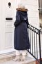 Fur Collar Waist-Tie Coat Navy Blue 19269 - 4