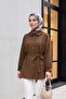 Stone Buttoned Bowknot Baby Collar Imported Crepe Tunic - Brown