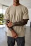 Men's Oversized Wide Fit 100% Cotton Soft Textured Basic Crew Neck Beige T-Shirt - 2