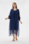 Italian Navy Blue Gathered Collar Folded Long Sleeve Lined Long Silk Dress 38 - 44 Size