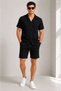 Men's 2-Piece Crepe Fabric Pocket Shirt Shorts Set Short Sleeve Lace-Up - Black - Smoked - 2