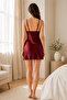 Women's Burgundy Satin V-Neck Lace Detailed Thin Strap Mini Nightgown - 4