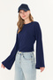 Navy Blue Natural Viscose Ultra Soft Waist-Fitting Gathered Detail Wide Long Sleeve Full Stretch Women's Blouse - 6