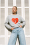 Gray Oversized Heart Printed Women's Sweatshirt
