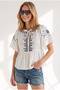 Women's White Embroidery Detailed Cotton Flam Blouse with Tie Detail Blz-19003378 - 3