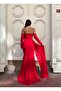 Long sleeve, body-hugging mermaid cut dress with a train/drape detail at the front 583346 RED - 4