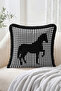 Black and White Fringed Throw Pillow Cover with Black Horse Silhouette and Houndstooth Pattern - Modern Tassel Pillowcase