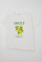 Girl's Short Sleeve T-Shirt with Lemon Print, Ages 9-14, Ecru - 5