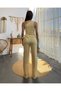 Women's Yellow Striped One Shoulder Crop Pants Bottom Top Set - 7