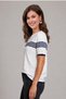 Women's Crew Neck Short Sleeve Striped Knit Blouse 25111 Ecru-Navy - 3
