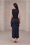 Double-Breasted Collar Women's Flounced Slit Square Stone Belted Navy Blue Wedding and Engagement Evening Dress - 6