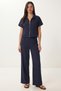 Polo Collar Zippered Top and Bottom Woven Set Laz0005 Dark Blue