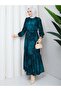 Patterned Belted Hijab Dress Lotus Pattern - 3