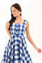 Blue and White Gingham Square Collar Button Detailed A-Line Midi Dress - 2