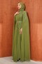 Green Shoulder Cape and Stone Embellished Evening Dress - 4